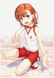  :d absurdres bare_arms bare_shoulders blush breasts brown_eyes brown_hair emblem female flower full_body gym_shirt gym_shorts gym_uniform hair_flower hair_ornament head_tilt herringbone highres looking_at_viewer medium_hair misaka_mikoto open_mouth pavement purple_flower raika9 red_shorts round_teeth school_emblem shirt shoes short_shorts shorts sleeveless sleeveless_shirt small_breasts smile solo sportswear squatting teeth toaru_kagaku_no_railgun toaru_kagaku_no_railgun_t toaru_majutsu_no_index tokiwadai_school_gym_uniform twitter_username upper_teeth_only v v-shaped_eyebrows white_background white_flower white_footwear white_shirt 