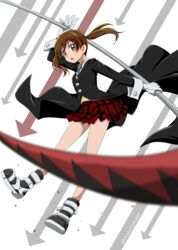  absurdres arrow_(symbol) black_coat blurry blurry_foreground brown_eyes brown_hair coat commentary_request cosplay female floating_hair full_body gloves hairstyle_connection highres holding holding_scythe long_hair long_sleeves maka_albarn maka_albarn_(cosplay) miniskirt necktie nita_(onakatohoppe) open_mouth plaid plaid_skirt pleated_skirt precure precure_all_stars precure_all_stars_new_stage:_mirai_no_tomodachi red_skirt sakagami_ayumi scythe skirt solo soul_eater striped striped_necktie twintails white_gloves 