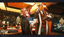  1boy 4girls animal_ears antlers arknights aunt_and_niece ch&#039;en_(arknights) chinese_clothes city city_lights commentary english_commentary highres horns hoshiguma_(arknights) husband_and_wife kiseru kuroblood mask mouth_mask multiple_girls ninja ninja_mask official_art orange_theme photoshop_(medium) princess_fumizuki_(arknights) prototype_design shirayuki_(arknights) single_horn smoking_pipe uncle_and_niece wei_yenwu_(arknights) window 