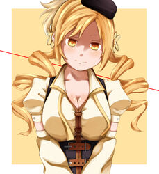  bad_id bad_pixiv_id beret blonde_hair border breasts breasts_squeezed_together cleavage corset detached_sleeves drill_hair female glaring hair_ornament hat head_tilt highres large_breasts long_hair looking_at_viewer magical_girl mahou_shoujo_madoka_magica mahou_shoujo_madoka_magica_(anime) mami_mogu_mogu muttan_(ashiru-f) shirt simple_background solo taut_clothes taut_shirt tomoe_mami tomoe_mami_(magical_girl) upper_body white_border yellow_background yellow_eyes 