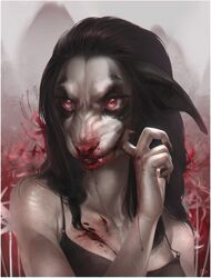  anthro black_gargoyley blood bodily_fluids canid canine clothed clothing digital_media_(artwork) fangs female fur hair hi_res looking_at_viewer mammal nosebleed shaded solo teeth 