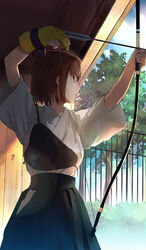  aiming archery arrow_(projectile) bad_id bad_pixiv_id bow_(weapon) brown_eyes brown_hair fate/stay_night fate_(series) female fence gloves highres kinutakouji looking_away mitsuzuri_ayako muneate official_art outdoors partially_fingerless_gloves short_hair single_glove solo weapon yugake 