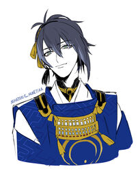  1boy black_hair blue_eyes character_name commentary_request japanese_clothes male_focus mikazuki_munechika molly smile solo touken_ranbu upper_body 