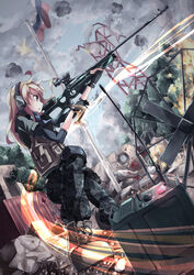  acog aiming aoi_kujira battlefield_(series) battlefield_3 blonde_hair blood bolt_action boots bullet_hole commentary_request debris explosive female fingerless_gloves flag flagpole gloves grenade gun headset knee_pads load_bearing_vest long_hair military military_uniform photoshop_(medium) rifle russian_flag scarf smoke sniper_rifle sniping solo sv-98 uniform weapon yellow_eyes 