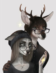  absurd_res ambiguous_gender anthro antlers black_gargoyley canid canine clothed clothing deer digital_media_(artwork) duo eyewear glasses hair hi_res horn male mammal pillarbox shaded 