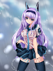  amane_(zmc) bad_id bad_pixiv_id black_thighhighs blue_eyes dodonpachi dodonpachi_saidaioujou female grey_background hairband long_hair maria_(saidaioujou) purple_hair rain school_uniform serafuku skirt solo thighhighs wet wet_clothes 