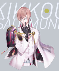  1boy armor black_gloves blonde_hair blue_eyes character_name commentary_request finger_to_mouth formal glasses gloves japanese_armor kikkou_sadamune male_focus molly necktie shoulder_armor smile sode solo suit touken_ranbu 