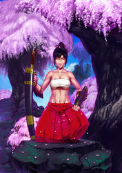  alternate_breast_size black_hair breasts bushidou_(sekaiju) bushidou_2_(sekaiju) cherry_blossoms cleavage commentary_request day female hakama hakama_skirt highres japanese_clothes large_breasts midriff muscular nature ponytail realistic red_hakama samurai sarashi sekaiju_no_meikyuu sekaiju_no_meikyuu_1 skirt sky solo sword tokage_no_shippo underboob weapon yellow_eyes 