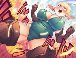  absurdres bad_id bad_pixiv_id blonde_hair blue_sky boots breasts cameltoe clenched_hands day elf elf-san_wa_yaserarenai. elfuda_(elf-san_wa_yaserarenai.) emphasis_lines female food french_fries gofa highres leotard open_mouth photoshop_(medium) plump pointy_ears sky solo spread_legs tears teeth thick_thighs thigh_boots thighhighs thighs 