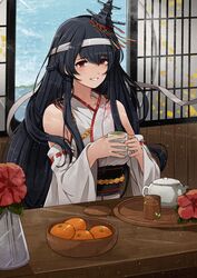  absurdres black_hair braid commission cup detached_sleeves female flower food fruit fusou_(kancolle) fusou_kai_ni_(kancolle) hairband half_up_half_down_braid headgear highres holding holding_cup japanese_clothes kanmiya_shinobu kantai_collection kimono long_hair nontraditional_miko parted_lips red_eyes ribbon-trimmed_sleeves ribbon_trim sash sitting skeb_commission sky smile sunlight table teacup very_long_hair window wooden_table 