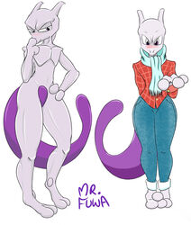  absurd_res ambiguous_gender anthro barefoot big_legs blush bottomwear clothing denim denim_bottomwear denim_clothing duo feet generation_1_pokemon hi_res jeans legendary_pokemon looking_at_viewer mewtwo mr_fuwa nintendo pants pokemon pokemon_(species) pose purple_body purple_eyes scarf shirt thick_thighs topwear 