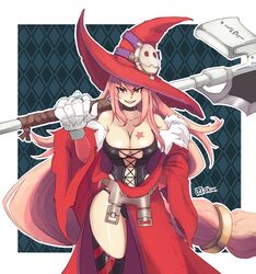  absurdres artist_name axe black_leotard breasts chief_(skiwa) cleavage commentary_request fangs female hair_between_eyes hat heterochromia highres large_breasts leotard long_hair low-tied_long_hair luminous_arc open_mouth pink_hair pointy_ears purple_eyes red_eyes smile solo vanessa_(luminous_arc) very_long_hair weapon witch witch_hat 