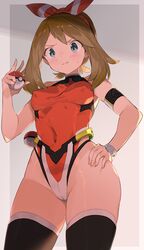  adapted_costume armband breasts brown_hair closed_mouth covered_navel covered_nipples cowboy_shot female grey_background grey_eyes hand_on_own_hip highleg highleg_leotard holding holding_poke_ball leotard looking_at_viewer may_(pokemon) paid_reward_available poke_ball pokemon pokemon_oras red_leotard small_breasts solo spring2013 standing thighhighs 