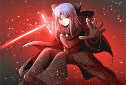  blue_hair bow cape commentary_request cosplay crossguard_lightsaber empty_eyes energy_sword female first_order gloves hairbow half_updo holding_lightsaber hood kagetsu_tooya kylo_ren kylo_ren_(cosplay) len_(tsukihime) lightsaber long_hair long_sleeves looking_at_viewer melty_blood meme name_connection parody pointy_ears purple_hair red_eyes red_lightsaber ribbon science_fiction sith solo star_wars star_wars:_the_force_awakens sword tsukihime typeakiha73 weapon 