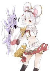  animal_ears blush bow collared_shirt commentary_request female granblue_fantasy hair_ornament hairbow hairclip hand_up heart holding long_hair long_sleeves midriff mouse_ears musical_note naik navel pleated_skirt red_eyes ship&#039;s_wheel shirt simple_background skirt sleeves_past_wrists solo steamboat_willie vikala_(granblue_fantasy) white_background white_bow white_hair white_shirt white_skirt 