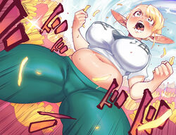  absurdres bad_id bad_pixiv_id blonde_hair blue_sky breasts clenched_hands day elf elf-san_wa_yaserarenai. elfuda_(elf-san_wa_yaserarenai.) emphasis_lines female food french_fries gofa highres navel open_mouth pants photoshop_(medium) plump pointy_ears sky solo spread_legs stomach tears teeth thick_thighs thighs yoga_pants 