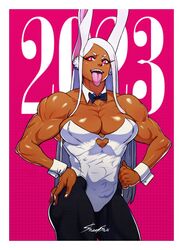  2023 abs animal_ears boku_no_hero_academia bow bowtie breasts cleavage clenched_hand dark-skinned_female dark_skin female hands_on_own_hips highres long_hair looking_to_the_side mirko muscular muscular_female pink_background pink_eyes playboy_bunny rabbit_ears red_eyes sheep_shin solo toned tongue tongue_out white_hair wrist_cuffs 