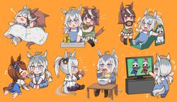  ! +++ 3girls absurdres ahoge animal_ears baby barefoot bib blanket blue_eyes blue_skirt braid brown_hair chair chicken_(food) chicken_leg closed_eyes crawling dress drooling earrings eating eighth_note feeding food fork green_dress highres horse_ears horse_girl horse_tail jewelry jitome kusanagi_kaoru midori_makibaoo midori_no_makibaoo mouth_drool multiple_girls multiple_views musical_note noodles notice_lines oguri_cap_(umamusume) open_mouth orange_background overalls ponytail purple_eyes shared_blanket shirt simple_background single_earring sitting skirt sleeping slide spoon stiff_tail stuffed_animal stuffed_lion stuffed_toy super_creek_(umamusume) symboli_rudolf_(umamusume) table tail television triangle_mouth umamusume white_shirt zzz 