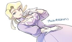  blonde_hair blue_eyes braid breasts choker cleavage collar collarbone dress female finger_to_own_chin glacia_(pokemon) gloves large_breasts low-cut momoji_(lobolobo2010) pokemon pokemon_oras puffy_short_sleeves puffy_sleeves purple_dress quad_tails short_hair short_sleeves simple_background sleeves_past_elbows solo white_background white_choker white_gloves 