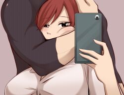  1boy black_bodysuit bodysuit breasts brown_eyes erza_scarlet fairy_tail female flexing_around_head_(meme) heart highres holding holding_phone jellal_fernandes joshdinobarney large_breasts long_sleeves looking_at_viewer meme phone red_hair selfie simple_background textless_version twitter 