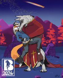  affectionate alternate_costume alternative_fashion anthro belt blue_eyes bottomwear canid canine canis carrying_another carrying_partner cheek_tuft claws cloak clothing cross dangling dangling_legs death_(puss_in_boots) dreamworks duo ear_piercing ear_ring facial_markings facial_tuft fingerless_gloves fluffy fluffy_tail fox fur fuzzy gloves grass grey_body grey_fur hair half-closed_eyes handwear head_markings hi_res holding_another holding_partner inner_ear_fluff jacket long_hair long_tail looking_at_another looking_at_partner love male male/male mammal markings mask_(marking) mountain mr.brapion narrowed_eyes nature nature_background neck_tuft night nuzzling one_eye_closed orange_body orange_fur outside pants pawpads piercing plant poncho puss_in_boots_(dreamworks) raised_leg red_eyes ring_piercing rock romantic romantic_couple scarf shirt shooting_star size_difference sky smile standing star starry_sky tail topwear tree tuft wink wolf 