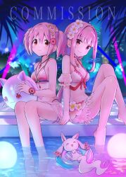  2girls asukaru_(magika_ru) ball barefoot beachball bikini commission english_text flower hair_between_eyes hair_flower hair_ornament highres kaname_madoka kyuubee long_hair magia_record:_mahou_shoujo_madoka_magica_gaiden mahou_shoujo_madoka_magica multiple_girls objectification pink_bikini pink_eyes pink_hair poolside short_hair signature small_kyubey soul_gem swimsuit tamaki_iroha 