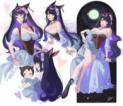  1other animal_ears bare_shoulders barefoot boots borrowed_character bracelet breasts commentary detached_sleeves earrings english_commentary eva_smith female full_body high-waist_skirt jewelry lolicon long_hair looking_at_viewer looking_to_the_side mother_and_child multiple_views necklace original purple_footwear purple_hair signature single_boot sitting skirt sky star_(sky) starry_sky toes upper_body white_skirt 