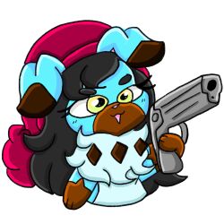  anthro black_hair blue_body blue_fur clothing female fur generation_7_pokemon gun hair hat headgear headwear hi_res lewdchuu_(artist) nintendo paws pokemon pokemon_(species) ranged_weapon rockruff shiny_pokemon simple_background smile solo weapon white_background yellow_eyes 