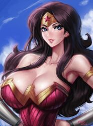  2024 armlet bare_shoulders black_hair blue_eyes bracer breasts cleavage cloud collarbone dc_comics eyelashes female gold_trim kyopink large_breasts leotard long_hair pink_leotard ribbed_leotard signature sky star_(symbol) sweat wonder_woman 