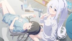  2girls black_hair blue_archive blue_halo blue_shirt blush breasts buttons closed_eyes closed_mouth collared_shirt comb gotyou grey_hair hair_between_eyes hair_dryer halo indoors long_hair long_sleeves looking_at_viewer miyako_(blue_archive) miyu_(blue_archive) multiple_girls parted_lips ponytail purple_eyes shirt small_breasts white_shirt 