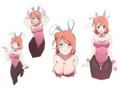  animal_ears arms_up black_pantyhose breast_hold breasts cleavage female green_eyes hair_bun haruno_riku highres large_breasts leaning_forward leg_up love_live! love_live!_nijigasaki_high_school_idol_club medium_hair multiple_views one_eye_closed orange_hair pantyhose playboy_bunny rabbit_ears single_side_bun smile uehara_ayumu white_background 