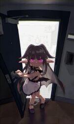  absurdres apron black_hair blush catistennsi1 closed_mouth commentary_request demon_girl door female glowing glowing_eyes highres hinako_(maritsu_loli_succubus_youmaen) large_ears long_hair looking_at_viewer maritsu_loli_succubus_youmaen opening_door pink_eyes pointy_ears slippers smile solo standing thick_eyebrows white_apron 