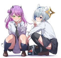  2girls absurdres amane_kanata animal_ears bag black_necktie black_skirt black_socks blue_hair blue_necktie brown_footwear cardigan colored_inner_hair demon_horns demon_tail ear_piercing eru_(l_illust45) green_eyes grey_hair hair_bun hair_ornament hairclip halo hamster_ears hand_on_own_face highres hololive horns long_hair long_sleeves looking_at_viewer multicolored_hair multiple_girls necktie piercing pink_hair purple_eyes purple_hair pursed_lips school_bag shirt shoes short_hair simple_background single_hair_intake skirt smile socks squatting star_halo streaked_hair tail thighhighs tokoyami_towa tongue tongue_out v virtual_youtuber white_shirt 