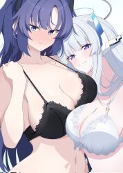  2girls alternate_costume black_bra blue_archive blue_eyes bra collarbone halo highres lingerie m1kku_76 mechanical_halo multiple_girls navel noa_(blue_archive) pink_pupils purple_eyes purple_hair triangle_hair_ornament underwear white_bra white_hair white_halo yuuka_(blue_archive) 