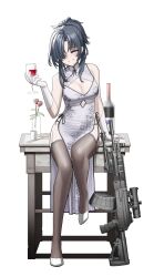  absurdres alcohol alternate_costume angelia_(girls&#039;_frontline) arm_support black_hair black_thighhighs blush bottle breasts cheogtanbyeong china_dress chinese_clothes cleavage cleavage_cutout closed_eyes clothing_cutout commission cup dress drinking_glass english_commentary flower full_body girls&#039;_frontline gloves gun hair_over_one_eye highres holding holding_cup light_machine_gun looking_at_viewer messy_hair mixed-language_commentary on_table parted_lips print_dress rose rpk-16 russian_commentary shoes simple_background sitting smile table thighhighs weapon white_background white_dress white_footwear white_gloves wine wine_glass 