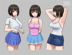  armpits arms_behind_back artist_name averting_eyes bare_shoulders blue_skirt blush bob_cut borrowed_character breasts brown_eyes brown_hair camisole carlo_montie casual chikan_shita_joshikousei_to_sonogo cleavage collared_shirt cowboy_shot cropped_legs denim denim_skirt dress_shirt expressionless female from_side grey_background halterneck hand_on_own_arm hands_up large_breasts light_blush looking_at_viewer looking_to_the_side multiple_views pink_camisole pink_lips plaid_clothes plaid_skirt pleated_skirt raised_eyebrows romaji_commentary school_uniform shirt short_hair short_sleeves signature simple_background skirt solo_focus standing white_camisole white_shirt yui_(chikan_shita_joshikousei_to_sonogo) 