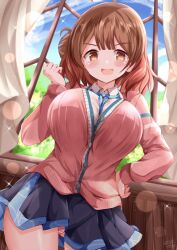  :d between_breasts black_skirt blue_skirt blue_sky blush breasts brown_eyes brown_hair cardigan cloud collared_shirt commentary_request curtains day female gakuen_idolmaster gradient_hair hair_bun hanami_ume hand_on_own_hip hand_up highres idolmaster indoors large_breasts long_sleeves looking_at_viewer multicolored_hair panties pink_cardigan pleated_skirt shirt single_side_bun skirt sky smile solo standing striped_clothes striped_panties underwear v-shaped_eyebrows white_shirt window xenon_(for_achieve) 