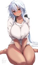  absurdres alternate_costume arms_between_legs bottomless breasts brown_eyes dark-skinned_female dark_skin female grey-framed_eyewear grey_hair hair_between_eyes highres huge_breasts kantai_collection long_hair looking_at_viewer mashiro_yukiya musashi_(kancolle) musashi_kai_ni_(kancolle) no_panties rectangular_eyewear semi-rimless_eyewear shirt sitting solo twintails very_long_hair wariza white_shirt 