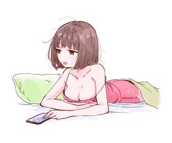  blush breasts brown_hair camisole cleavage collarbone commentary_request federicfederica female idolmaster idolmaster_cinderella_girls looking_ahead lying maekawa_miku medium_breasts messy_hair on_stomach pink_camisole pink_shorts short_hair shorts solo strap_slip 