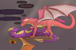  activision apollyondragon dialogue digital_media_(artwork) dragon duo ember_(spyro) female feral hi_res horn jewelry male mythological_creature mythological_scalie mythology necklace pinned pinned_to_ground scalie speech_bubble spyro spyro_the_dragon tail text wings 