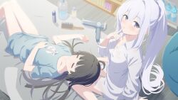  2girls black_hair blue_archive blue_halo blue_shirt blush breasts buttons closed_eyes closed_mouth collared_shirt comb gotyou grey_hair hair_between_eyes hair_dryer halo indoors long_hair long_sleeves looking_at_viewer miyako_(blue_archive) miyu_(blue_archive) multiple_girls parted_lips ponytail purple_eyes shirt small_breasts white_shirt 