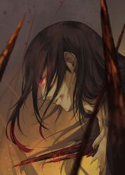  1boy black_hair blood blood_on_face brown_background closed_mouth commentary_request from_side glowing glowing_eyes long_hair male_focus nira_(niratoro) original profile red_eyes sideburns solo stake upper_body very_long_hair 