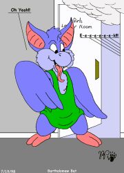  1998 anthro bartholomew_bat bat blue_body blue_fur clothed clothing fur kthanid_(artist) male mammal open_door rutwell_forest shirt solo steam tank_top tongue tongue_out topwear 