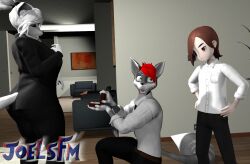  3d_(artwork) andra_(atoastedorange) anthro canid canine digit_ring digital_media_(artwork) female female_anthro fox hi_res human jewelry joelsfm male male/female male_anthro mammal office_clothing proposal ring warfare_machine wedding_ring wyatt_(ringtail) 