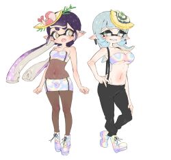  2girls baggy_pants bare_shoulders black_pants black_pantyhose breasts callie_(splatoon) earrings food fruit grey_hair groin hand_on_own_hip high-waist_pantyhose inkling jewelry junco large_breasts lemon lemon_slice long_hair marie_(splatoon) medium_breasts miniskirt mole mole_under_eye multiple_girls oerba_yun_fang official_alternate_costume open_mouth oyster pants pantyhose pencil_skirt pointy_ears purple_hair shoes short_hair shrimp skirt splatoon_(series) splatoon_3 strapless suspenders teeth tentacle_hair tube_top white_footwear yellow_eyes zipper 