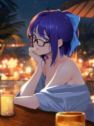  a-chan_(hololive) absurdres backlighting bare_shoulders blue_eyes blue_hair blurry blurry_background bow cohi27151463 cup depth_of_field drinking_glass elbows_on_table english_commentary female glasses hairbow head_rest highres hololive looking_at_viewer looking_over_eyewear night off_shoulder outdoors short_hair sitting solo table virtual_youtuber 