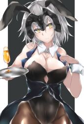  animal_ears bare_shoulders black_leotard breasts cleavage clip_studio_paint_(medium) collarbone cup detached_collar drinking_glass fate/grand_order fate_(series) head_tilt headpiece highres jeanne_d&#039;arc_alter_(avenger)_(fate) jeanne_d&#039;arc_alter_(fate) leotard medium_hair pantyhose playboy_bunny rabbit_ears smile tray wrist_cuffs yellow_eyes yuki_maccha_(yukimattya10) 