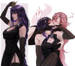  2girls absurdres animal_ears black_dress black_gloves black_thighhighs blush breasts cleavage closed_eyes closed_mouth collarbone commentary dress ear_blush elbow_gloves english_commentary fingernails fox_ears fox_girl fox_tail garter_straps genshin_impact gloves grabbing grabbing_another&#039;s_breast grabbing_from_behind hand_on_another&#039;s_face heart highres kissing large_breasts lart_art1 long_fingernails long_hair multiple_girls pink_hair purple_background purple_eyes purple_hair raiden_shogun red_lips red_nails sharp_fingernails surprise_kiss surprised tail thighhighs two-tone_background white_background yae_miko yuri 