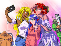  2boys 3girls animal_ear_fluff arm_cannon armor assault_visor baron_of_hell bfg_9000 blonde_hair blue_hair blue_pants breasts cacodemon cellphone colored_skin commentary cyclops daisy_(doom) dark_skin demon_girl demon_horns denim detached_sleeves doom_(series) doom_ii doomguy dress english_commentary fangs fat fat_man green_eyes group_picture halter_dress halterneck hand_in_pocket height_difference helmet highres hood hoodie horns huge_weapon imp_(doom) jeans long_hair mancubus multiple_boys multiple_girls one-eyed one_eye_closed open_mouth pants phone photobomb pink_skin pointy_ears pose power_armor rabbit red_eyes red_hair rimless_eyewear scales selfie short_hair slit_pupils small_breasts smartphone smile sparkle spikes substance20 translation_request v weapon 