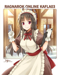  20nigu ahoge apron black_hair bow bowtie breasts brown_dress building clipboard closed_mouth commentary_request commission cowboy_shot dress english_text engrish_text female gloves holding holding_clipboard jasmine_(ragnarok_online) kafra_uniform long_hair looking_at_viewer maid maid_apron maid_headdress medium_breasts pointing pointing_up puffy_short_sleeves puffy_sleeves ragnarok_online ranguage red_bow red_bowtie red_eyes red_sash sash short_sleeves signature skeb_commission smile solo white_apron white_gloves window 